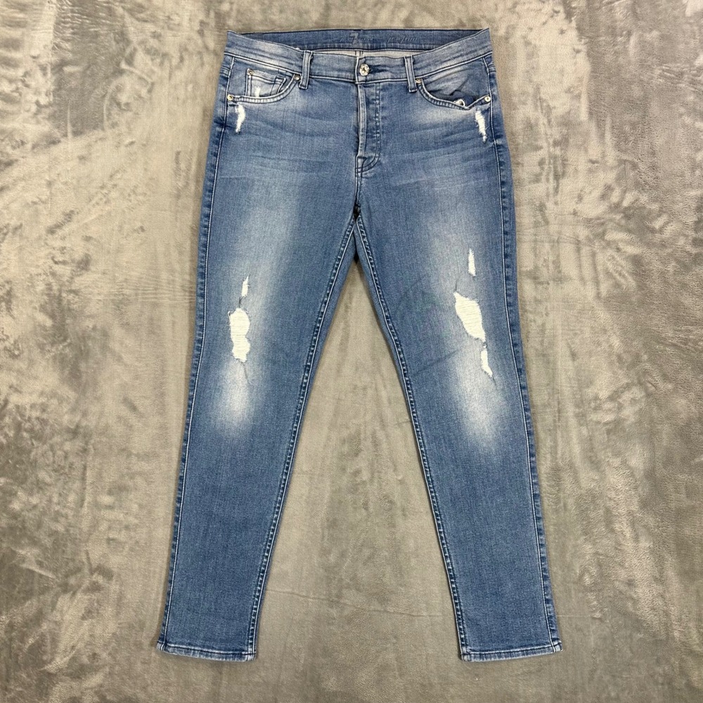 7 For All Mankind Josefina Skinny Boyfriend Jeans Womens 31 Blue Distressed